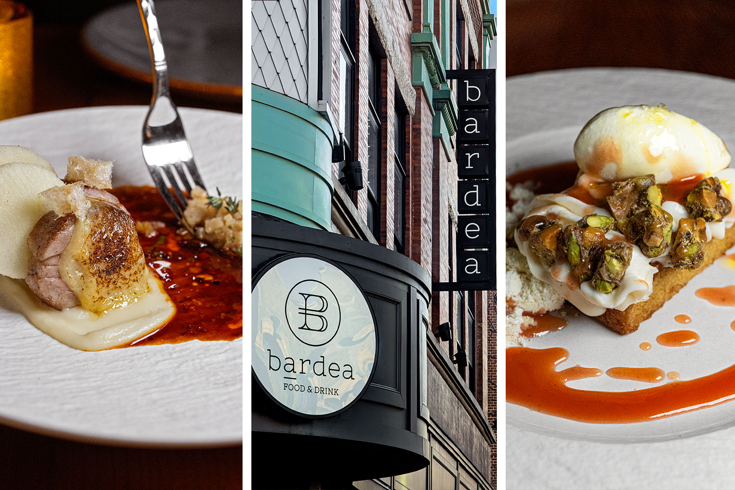 A triptych image showing three food scenes: left panel displays a beautifully plated meat dish with sauce; center panel shows the exterior of Bardea restaurant with its distinctive circular logo and vertical "bardea" signage on a brick building with teal trim; right panel features an elegant toast topped with white cream and pistachio crumble on a plate with orange sauce.