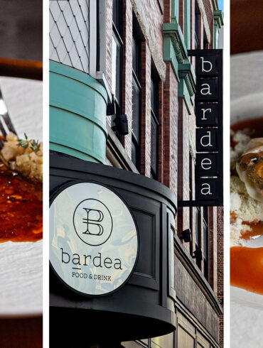 A three-panel image featuring Bardea Food & Drink. The left panel shows the Iberico Pork dish with a beautifully seared medallion resting on a creamy sauce, accompanied by thin apple slices and a rich truffle-chili au jus. The center panel displays the restaurant's exterior with its distinctive signage - a circular "B" logo and vertical "bardea" sign mounted on a historic brick building with teal trim. The right panel features an elegant dessert, likely the olive oil cake, topped with whipped cream, candied pistachios, and a vibrant orange guava sauce artfully drizzled on the plate.