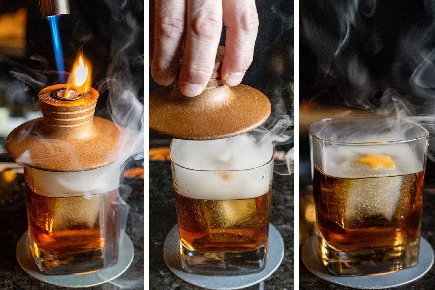 Three-panel sequence showing the theatrical preparation of the Kingston Town cocktail at The Green Room Bar: left shows the wooden dome being torched; center shows a hand lifting the dome; right reveals the finished amber cocktail with smoke billowing - paying homage to Bob Marley who reportedly worked at the Hotel du Pont.