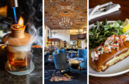 A three-panel image showcasing: left panel - a smoking cocktail presentation with a wooden lid being torched; center panel - the opulent Green Room lounge with ornate gold-detailed ceiling, crystal chandeliers, and blue velvet chairs; right panel - a lobster roll on a brioche bun served with fresh greens.