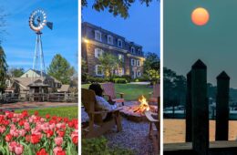 A three-panel image showcasing top weekend getaways near Philadelphia. The left panel features Peddlers Village in spring, with vibrant red and pink tulips in the foreground and a traditional American windmill against a bright blue sky. The center panel shows the historic stone facade of Woolverton Inn at dusk, with a person relaxing in an Adirondack chair beside a cozy fire pit, creating a warm and inviting atmosphere. The right panel captures a serene sunset at Kent Narrows, Maryland, with the orange sun hanging low in a teal sky over silhouetted wooden dock pilings, with boats visible in the background. Together, these images represent the variety of experiences available within a two-hour drive of Philadelphia, from countryside charm to waterfront relaxation.