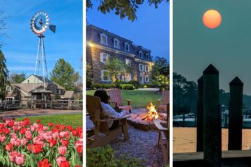 A three-panel image showcasing top weekend getaways near Philadelphia. The left panel features Peddlers Village in spring, with vibrant red and pink tulips in the foreground and a traditional American windmill against a bright blue sky. The center panel shows the historic stone facade of Woolverton Inn at dusk, with a person relaxing in an Adirondack chair beside a cozy fire pit, creating a warm and inviting atmosphere. The right panel captures a serene sunset at Kent Narrows, Maryland, with the orange sun hanging low in a teal sky over silhouetted wooden dock pilings, with boats visible in the background. Together, these images represent the variety of experiences available within a two-hour drive of Philadelphia, from countryside charm to waterfront relaxation.