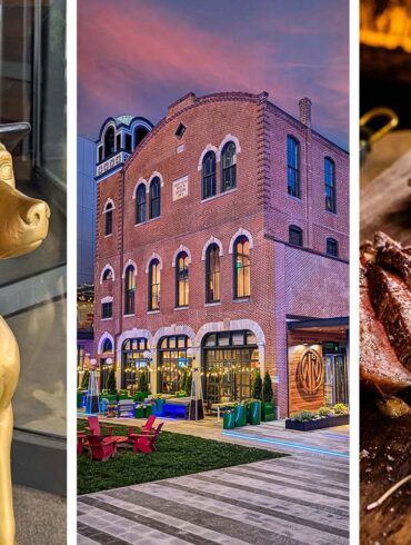 A triptych showing three key elements of Hotel West & Main. Left: A gold-painted Dalmatian statue wearing a firefighter's helmet, an artistic nod to the building's firehouse heritage. Center: The exterior of the beautifully preserved 1874 red brick firehouse with arched windows and decorative stonework at dusk, now transformed into a hotel with colorful Adirondack chairs visible in the courtyard. Right: A close-up of a perfectly cooked steak on a wooden board with small copper sauce pots, showcasing the upscale dining available at Hook & Ladder restaurant.