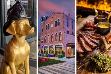 A triptych showing three key elements of Hotel West & Main. Left: A gold-painted Dalmatian statue wearing a firefighter's helmet, an artistic nod to the building's firehouse heritage. Center: The exterior of the beautifully preserved 1874 red brick firehouse with arched windows and decorative stonework at dusk, now transformed into a hotel with colorful Adirondack chairs visible in the courtyard. Right: A close-up of a perfectly cooked steak on a wooden board with small copper sauce pots, showcasing the upscale dining available at Hook & Ladder restaurant.