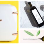 A photo grid of a mini refrigerator an olive oil bottle and a spoon laying down next to 2 leaves