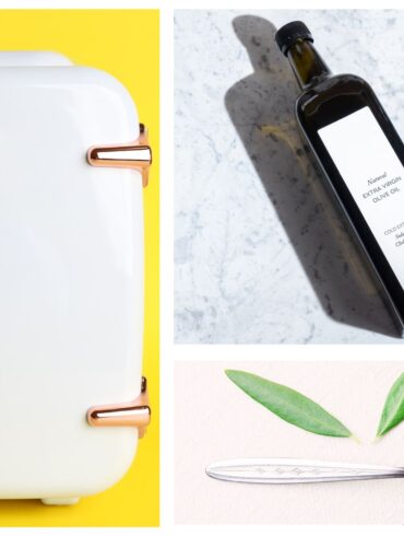 A photo grid of a mini refrigerator an olive oil bottle and a spoon laying down next to 2 leaves