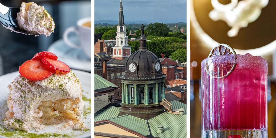 Three images showcasing downtown Lancaster PA highlights: Left shows an elegant layered dessert with white cream, pistachios and fresh strawberry from a local restaurant; center displays an aerial view of Lancaster's historic architecture featuring a prominent domed building with green copper roof and clock tower surrounded by red brick buildings and church spires; right shows a vibrant pink cocktail in a cut crystal glass with lime garnish, representing Lancaster's craft cocktail scene at venues like The Exchange rooftop bar.