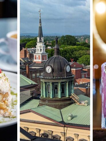 Three images showcasing downtown Lancaster PA highlights: Left shows an elegant layered dessert with white cream, pistachios and fresh strawberry from a local restaurant; center displays an aerial view of Lancaster's historic architecture featuring a prominent domed building with green copper roof and clock tower surrounded by red brick buildings and church spires; right shows a vibrant pink cocktail in a cut crystal glass with lime garnish, representing Lancaster's craft cocktail scene at venues like The Exchange rooftop bar.