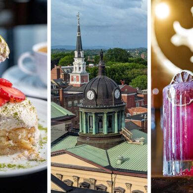 Three images showcasing downtown Lancaster PA highlights: Left shows an elegant layered dessert with white cream, pistachios and fresh strawberry from a local restaurant; center displays an aerial view of Lancaster's historic architecture featuring a prominent domed building with green copper roof and clock tower surrounded by red brick buildings and church spires; right shows a vibrant pink cocktail in a cut crystal glass with lime garnish, representing Lancaster's craft cocktail scene at venues like The Exchange rooftop bar.