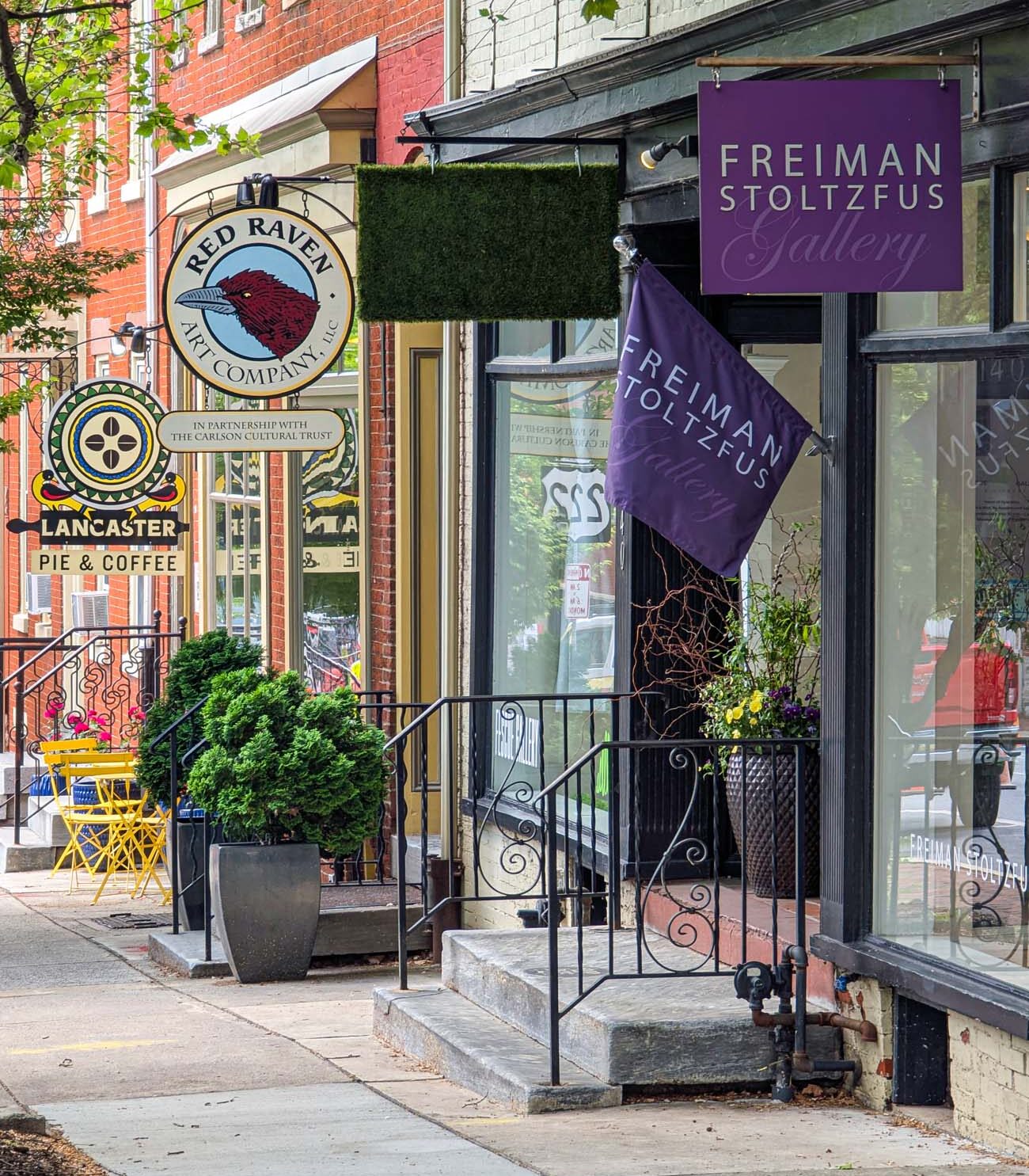 A sunny view of North Prince Street in downtown Lancaster showing the storefronts of two prominent art galleries. The Red Raven Art Company features a circular hanging sign with their red raven logo, while the Freiman Stoltzfus Gallery displays elegant purple signage and flag. The historic brick buildings have ornate ironwork railings and steps leading to the entrances. Lancaster Pie & Coffee can be seen in the background, and potted greenery decorates the sidewalk. This stretch of street, known as Gallery Row, represents the heart of Lancaster's thriving arts district where visitors can explore diverse artistic styles and mediums in a walkable, picturesque setting.