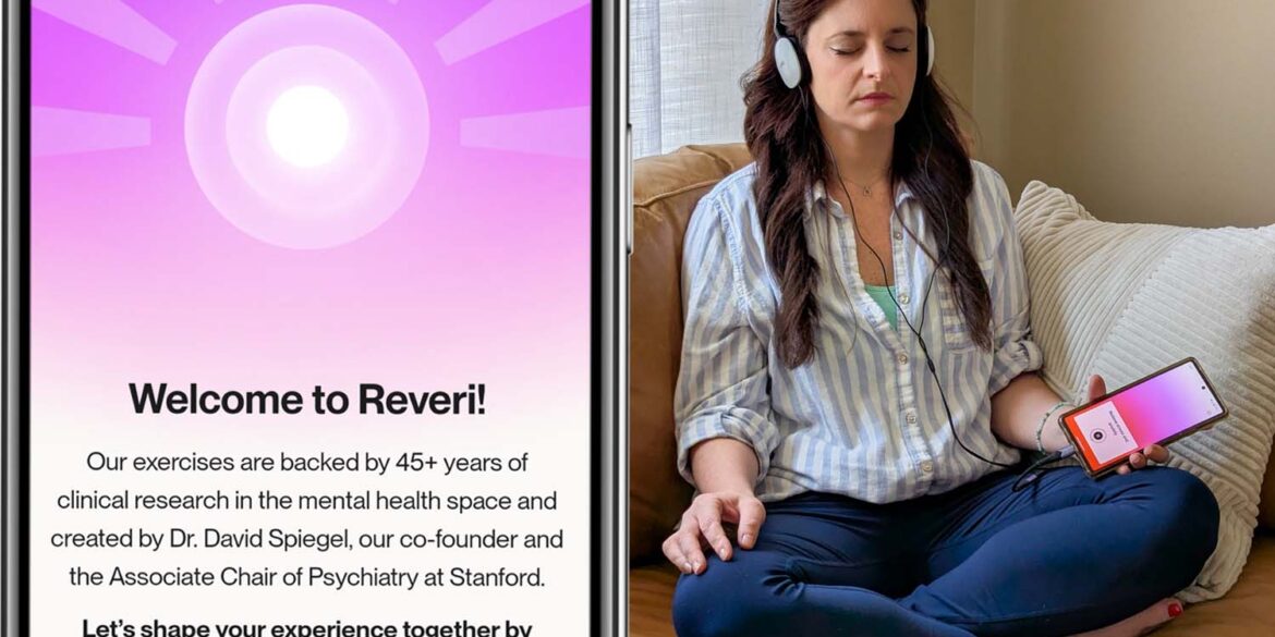 Split image showing a smartphone on the left displaying Reveri's welcome screen with a purple radial sunburst pattern and white center circle. The screen reads "Welcome to Reveri!" followed by text explaining "Our exercises are backed by 45+ years of clinical research in the mental health space and created by Dr. David Spiegel, our co-founder and the Associate Chair of Psychiatry at Stanford." Below states "Let's shape your experience together by answering a few questions." On the right side, a woman sits cross-legged on a tan leather couch wearing a light blue striped shirt and dark jeans. She has brown hair, closed eyes in a meditative state, and wears white headphones connected to a smartphone displaying a pink/orange gradient interface. Her hands rest naturally on her legs, and the setting shows a peaceful living room with natural lighting through sheer curtains and a textured throw pillow visible on the couch.