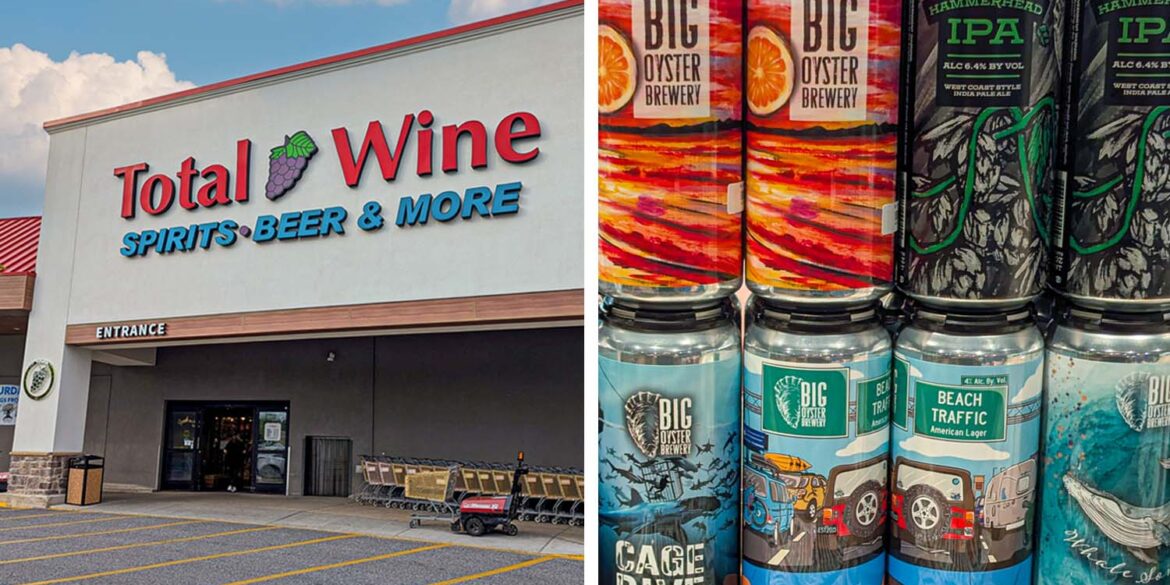 Split image showing a Total Wine & More storefront on the left with its distinctive signage featuring a purple grape logo and "SPIRITS•BEER & MORE" in blue lettering below the main red "Total Wine" text. The right side shows stacked cans of Delaware craft beverages - Big Oyster Brewery products on store shelves, including their colorful varieties like Hammerhead IPA (green and black cans), Beach Traffic American Lager (light blue cans with beach imagery), and Cage Dive Hazy IPA (blue and white cans with diving illustrations).