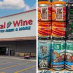 Split image showing a Total Wine & More storefront on the left with its distinctive signage featuring a purple grape logo and "SPIRITS•BEER & MORE" in blue lettering below the main red "Total Wine" text. The right side shows stacked cans of Delaware craft beverages - Big Oyster Brewery products on store shelves, including their colorful varieties like Hammerhead IPA (green and black cans), Beach Traffic American Lager (light blue cans with beach imagery), and Cage Dive Hazy IPA (blue and white cans with diving illustrations).