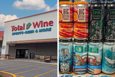 Split image showing a Total Wine & More storefront on the left with its distinctive signage featuring a purple grape logo and "SPIRITS•BEER & MORE" in blue lettering below the main red "Total Wine" text. The right side shows stacked cans of Delaware craft beverages - Big Oyster Brewery products on store shelves, including their colorful varieties like Hammerhead IPA (green and black cans), Beach Traffic American Lager (light blue cans with beach imagery), and Cage Dive Hazy IPA (blue and white cans with diving illustrations).