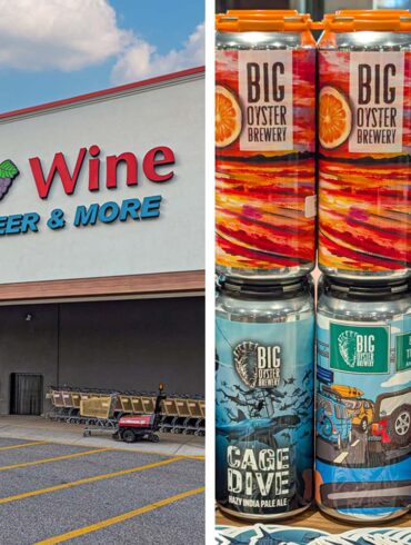 Split image showing a Total Wine & More storefront on the left with its distinctive signage featuring a purple grape logo and "SPIRITS•BEER & MORE" in blue lettering below the main red "Total Wine" text. The right side shows stacked cans of Delaware craft beverages - Big Oyster Brewery products on store shelves, including their colorful varieties like Hammerhead IPA (green and black cans), Beach Traffic American Lager (light blue cans with beach imagery), and Cage Dive Hazy IPA (blue and white cans with diving illustrations).