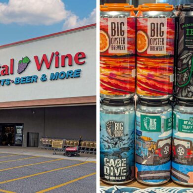 Split image showing a Total Wine & More storefront on the left with its distinctive signage featuring a purple grape logo and "SPIRITS•BEER & MORE" in blue lettering below the main red "Total Wine" text. The right side shows stacked cans of Delaware craft beverages - Big Oyster Brewery products on store shelves, including their colorful varieties like Hammerhead IPA (green and black cans), Beach Traffic American Lager (light blue cans with beach imagery), and Cage Dive Hazy IPA (blue and white cans with diving illustrations).