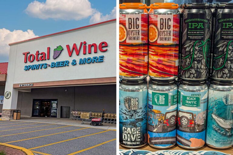 Split image showing a Total Wine & More storefront on the left with its distinctive signage featuring a purple grape logo and "SPIRITS•BEER & MORE" in blue lettering below the main red "Total Wine" text. The right side shows stacked cans of Delaware craft beverages - Big Oyster Brewery products on store shelves, including their colorful varieties like Hammerhead IPA (green and black cans), Beach Traffic American Lager (light blue cans with beach imagery), and Cage Dive Hazy IPA (blue and white cans with diving illustrations).