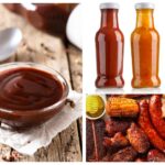 A grid of 3 images with BBQ sauce in a small bowl, a platter of BBQ food and three different colored BBQ sauce bottles.