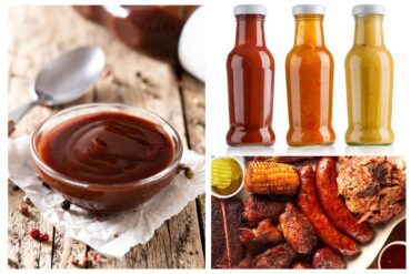 A grid of 3 images with BBQ sauce in a small bowl, a platter of BBQ food and three different colored BBQ sauce bottles.