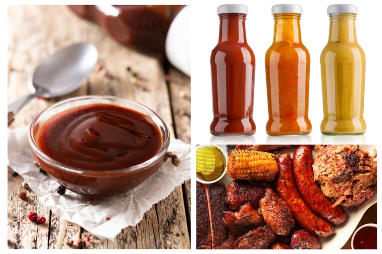 A grid of 3 images with BBQ sauce in a small bowl, a platter of BBQ food and three different colored BBQ sauce bottles.