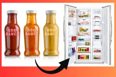 3 BBQ sauce Bottles next to an open refrigerator with an arrow