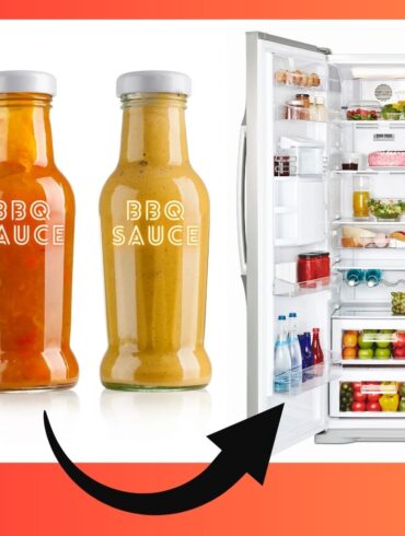 3 BBQ sauce Bottles next to an open refrigerator with an arrow