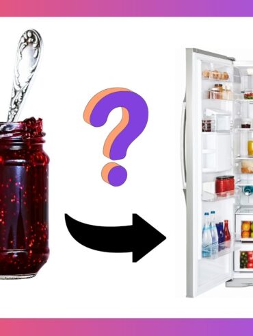 A jelly jar with a spoon inside next to a question mark and an arrow pointing to an open refrigerator