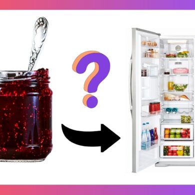 A jelly jar with a spoon inside next to a question mark and an arrow pointing to an open refrigerator
