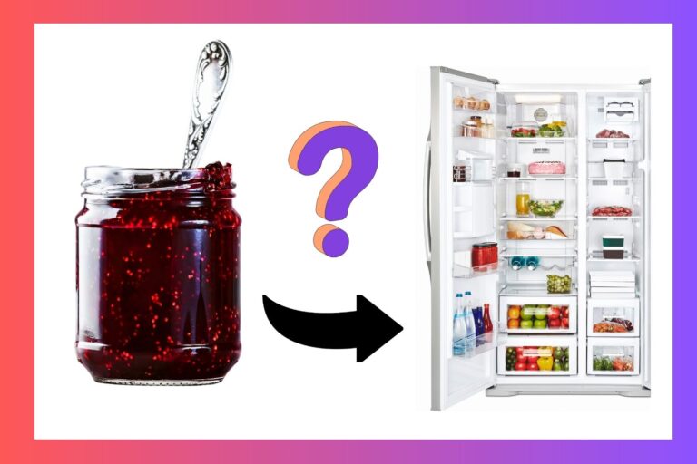 A jelly jar with a spoon inside next to a question mark and an arrow pointing to an open refrigerator