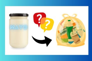 a mayonnaise mayo jar with a black arrow and 2 question marks point to a garbage bag