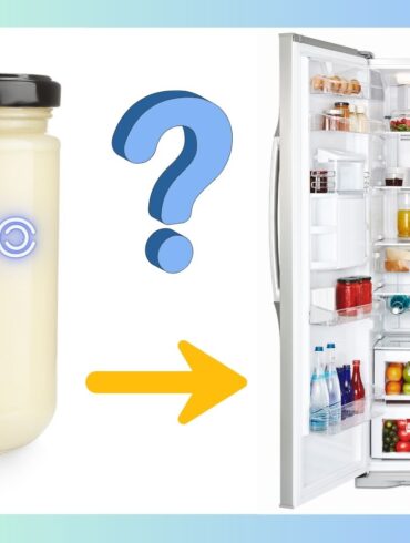 a mayo jar next to a blue question mark with an arrow pointing to an open refrigerator