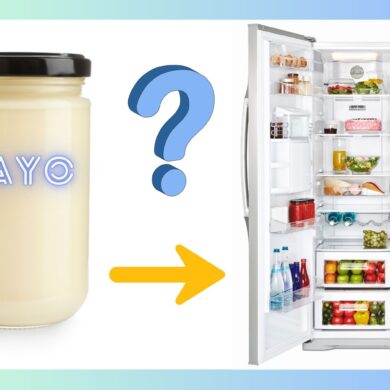 a mayo jar next to a blue question mark with an arrow pointing to an open refrigerator