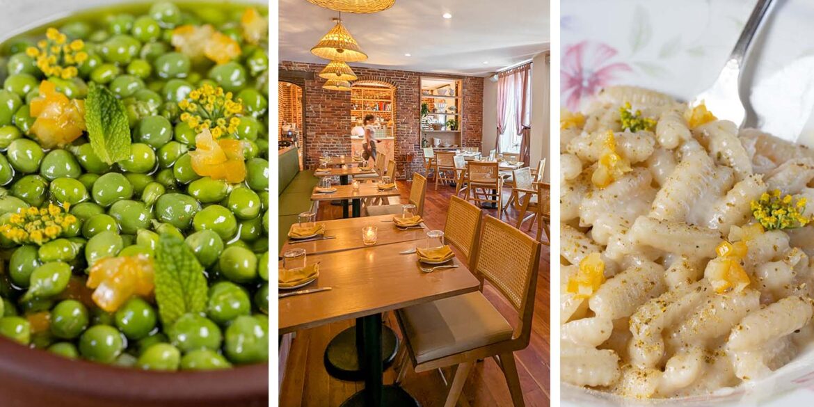 A three-panel collage showing Passerine Lancaster's Spring Peas dish with bright green peas in herbed broth with fennel pollen (left), the restaurant's main dining room with exposed brick and woven pendant lights (center), and the Gnocchi Sardi pasta with pecorino and preserved lemon garnish (right)
