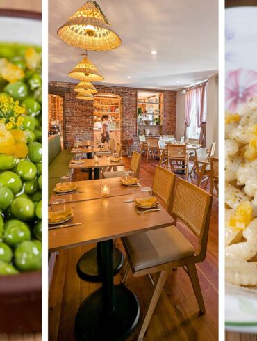A three-panel collage showing Passerine Lancaster's Spring Peas dish with bright green peas in herbed broth with fennel pollen (left), the restaurant's main dining room with exposed brick and woven pendant lights (center), and the Gnocchi Sardi pasta with pecorino and preserved lemon garnish (right)