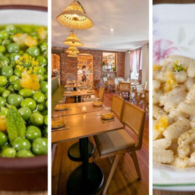 A three-panel collage showing Passerine Lancaster's Spring Peas dish with bright green peas in herbed broth with fennel pollen (left), the restaurant's main dining room with exposed brick and woven pendant lights (center), and the Gnocchi Sardi pasta with pecorino and preserved lemon garnish (right)