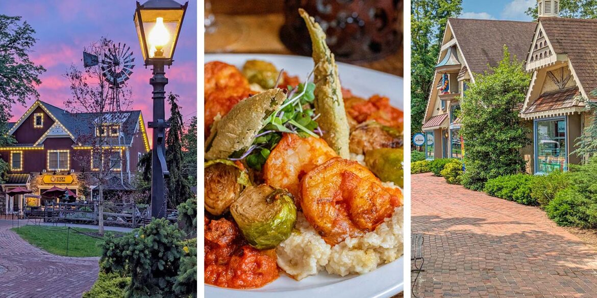 3 panel image: the village at night durning sunset, shrimp & grits at earls, the village shops on a summer day