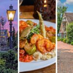 3 panel image: the village at night durning sunset, shrimp & grits at earls, the village shops on a summer day