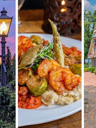 3 panel image: the village at night durning sunset, shrimp & grits at earls, the village shops on a summer day