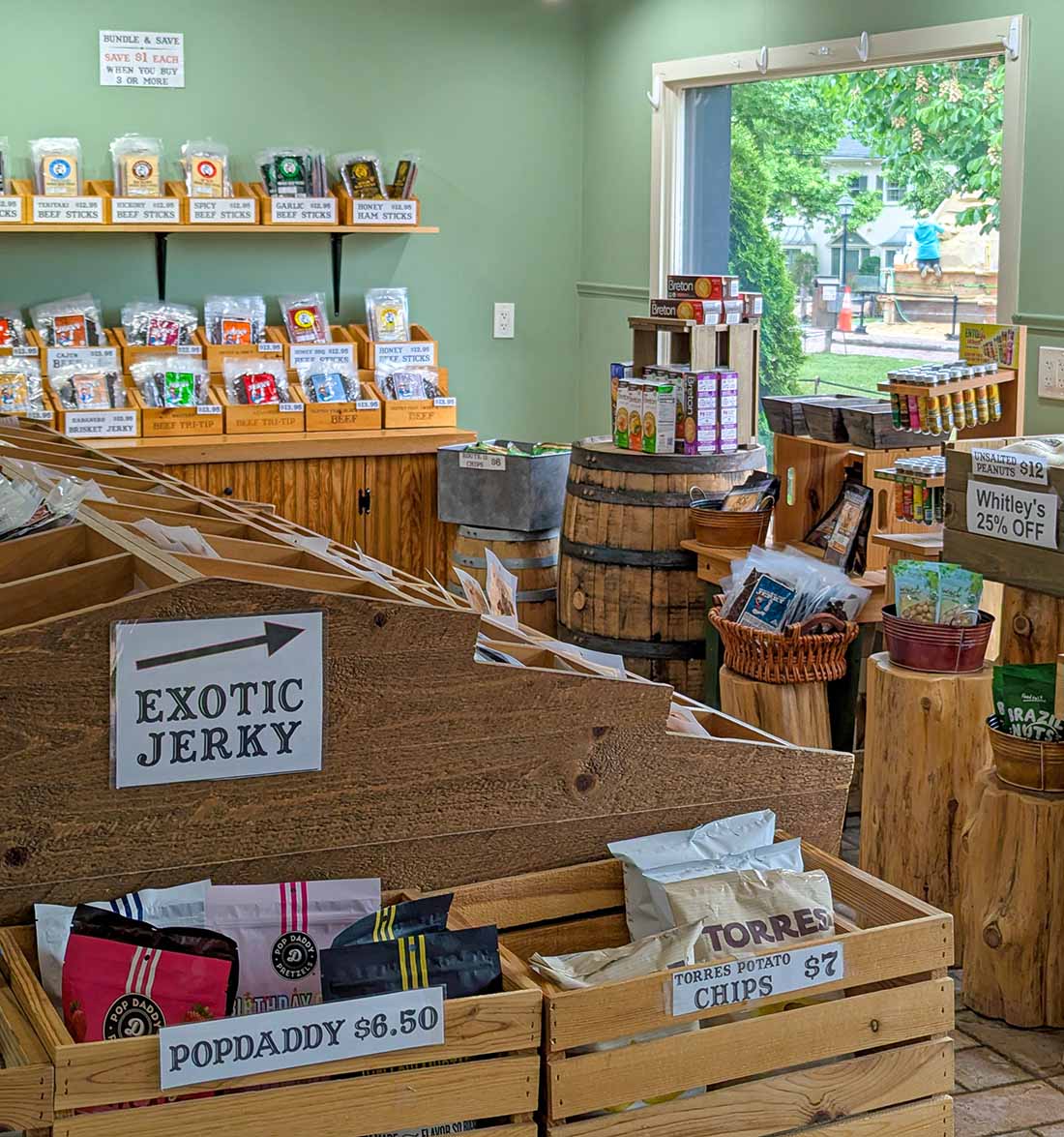 A selection display of jerky at Bucks County House of Jerky at Peddler's Village.