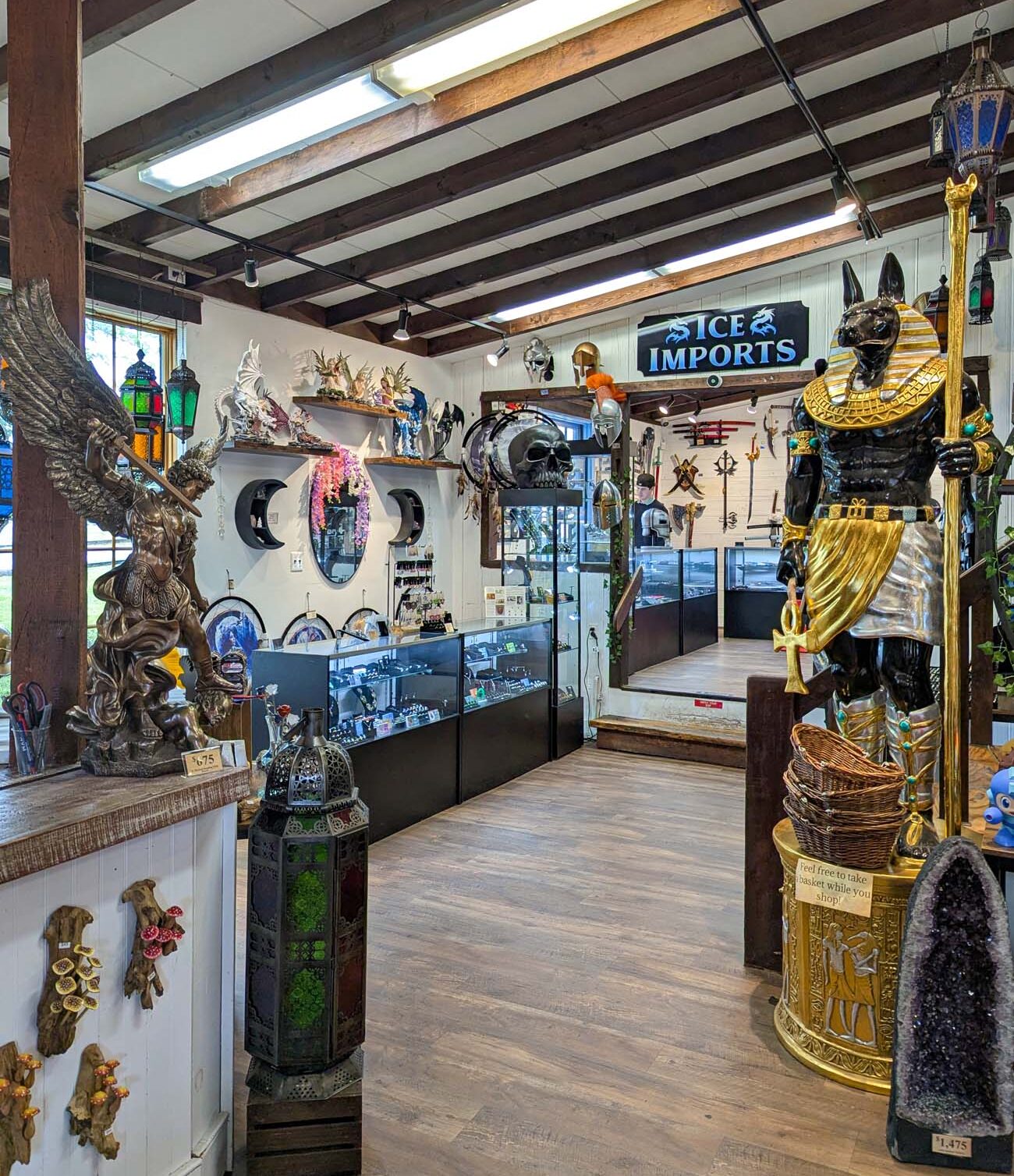 Ice Imports shop with helmets, statues, and crystals on display