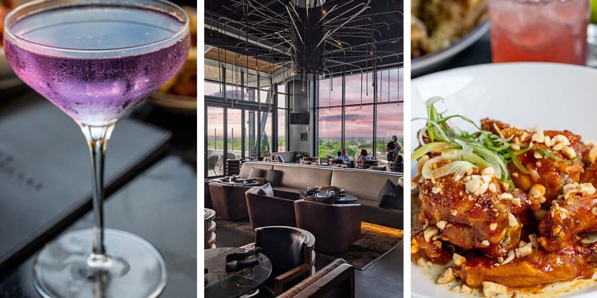 Three-image collage from The Exchange Lancaster showing a purple cocktail in coupe glass on left, the modern interior dining room with sunset views and dramatic lighting in center, and Calabrian Chili Wings with hazelnuts and scallions on right.