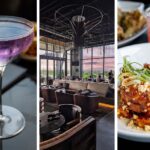 Three-image collage from The Exchange Lancaster showing a purple cocktail in coupe glass on left, the modern interior dining room with sunset views and dramatic lighting in center, and Calabrian Chili Wings with hazelnuts and scallions on right.