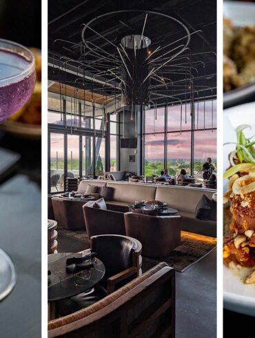 Three-image collage from The Exchange Lancaster showing a purple cocktail in coupe glass on left, the modern interior dining room with sunset views and dramatic lighting in center, and Calabrian Chili Wings with hazelnuts and scallions on right.