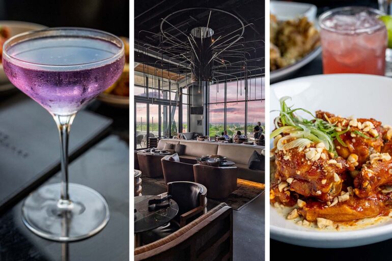 Three-image collage from The Exchange Lancaster showing a purple cocktail in coupe glass on left, the modern interior dining room with sunset views and dramatic lighting in center, and Calabrian Chili Wings with hazelnuts and scallions on right.