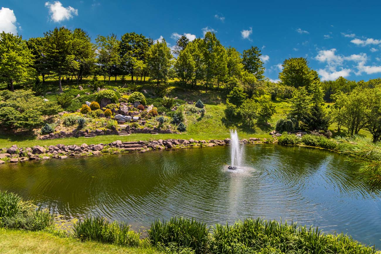 Large natural pond with active water fountain in the center, surrounded by natural stone borders and lush terraced landscaping featuring native plants, ornamental grasses, and mature trees under a bright blue sky with white clouds at Glasbern Inn