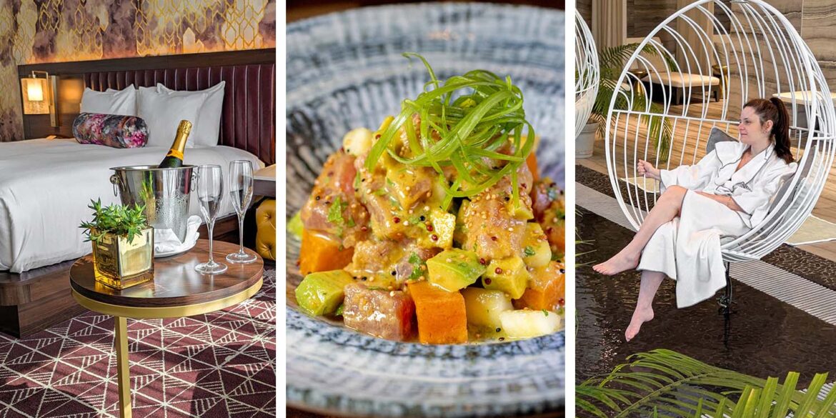 Collage showing Wind Creek Bethlehem North Tower room with champagne service on gold side table, colorful ahi tuna poke bowl, and guest relaxing in white robe on suspended swing chair at spa overlooking SteelStacks