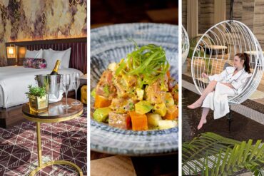 Collage showing Wind Creek Bethlehem North Tower room with champagne service on gold side table, colorful ahi tuna poke bowl, and guest relaxing in white robe on suspended swing chair at spa overlooking SteelStacks