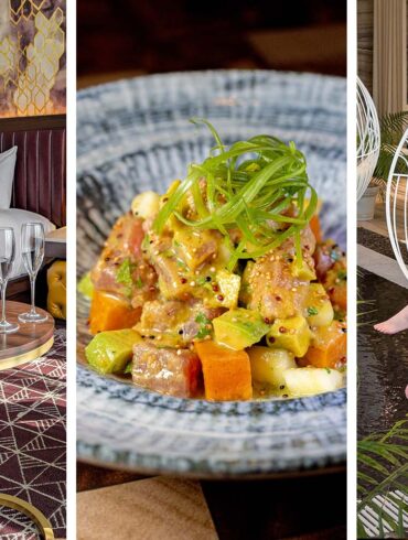 Collage showing Wind Creek Bethlehem North Tower room with champagne service on gold side table, colorful ahi tuna poke bowl, and guest relaxing in white robe on suspended swing chair at spa overlooking SteelStacks