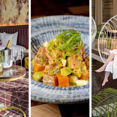Collage showing Wind Creek Bethlehem North Tower room with champagne service on gold side table, colorful ahi tuna poke bowl, and guest relaxing in white robe on suspended swing chair at spa overlooking SteelStacks
