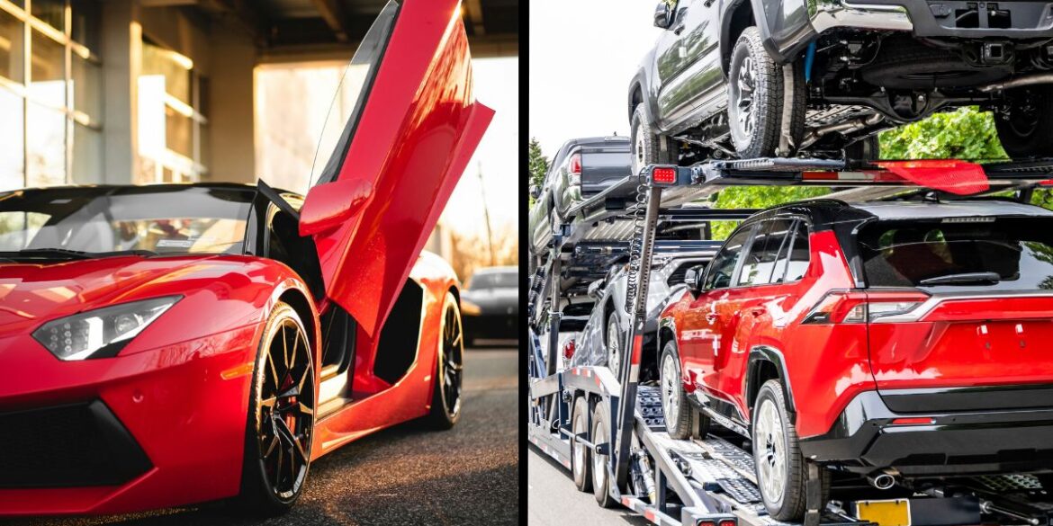 Split image showing luxury car transport services - left side features a red Lamborghini with scissor doors open in an upscale garage setting, right side shows a red SUV loaded on a multi-level car carrier trailer